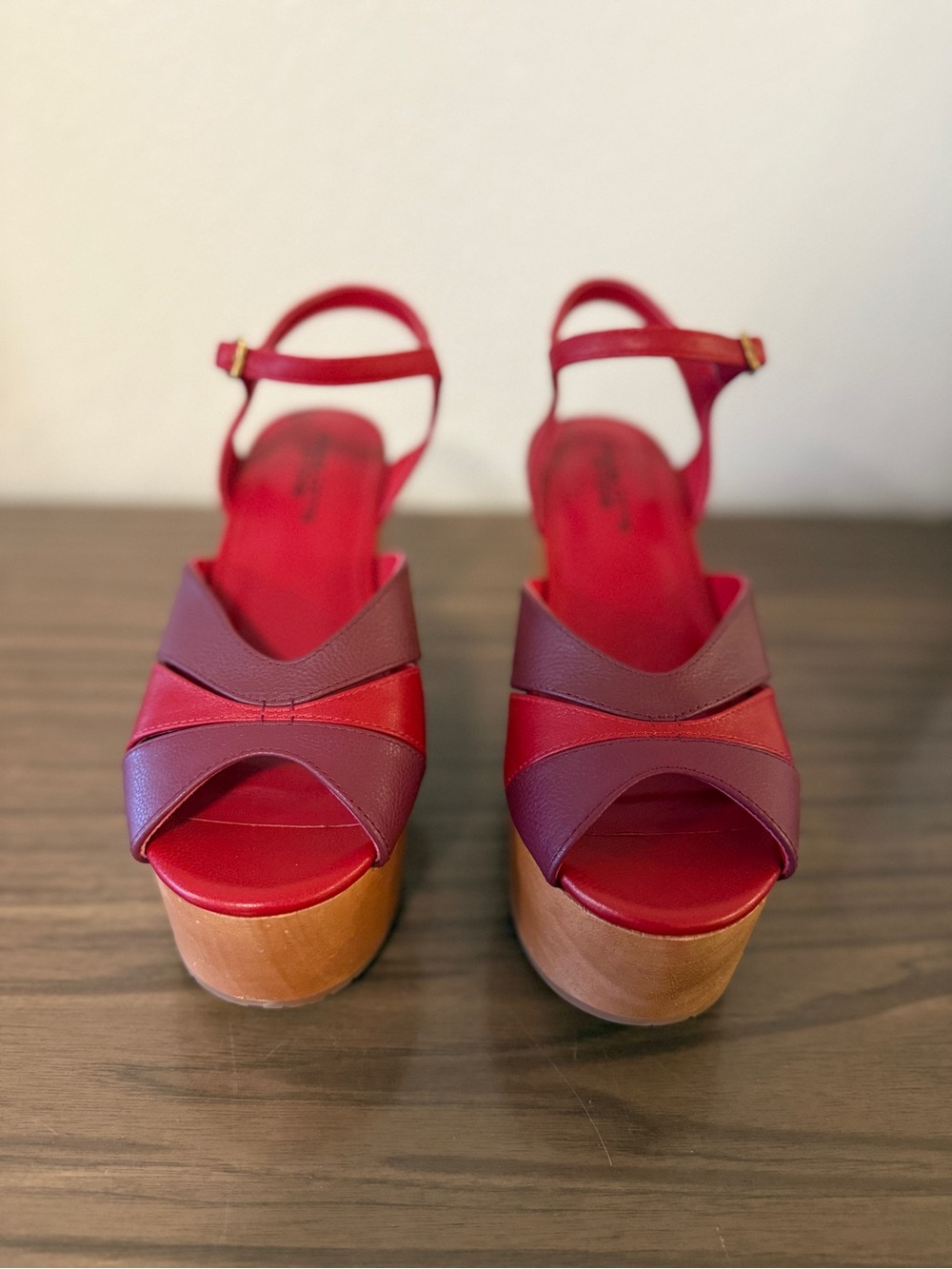 Charlotte Stone Two-Tone Red & Burgundy Platform Wedge Sandals - Picture 6 of 12
